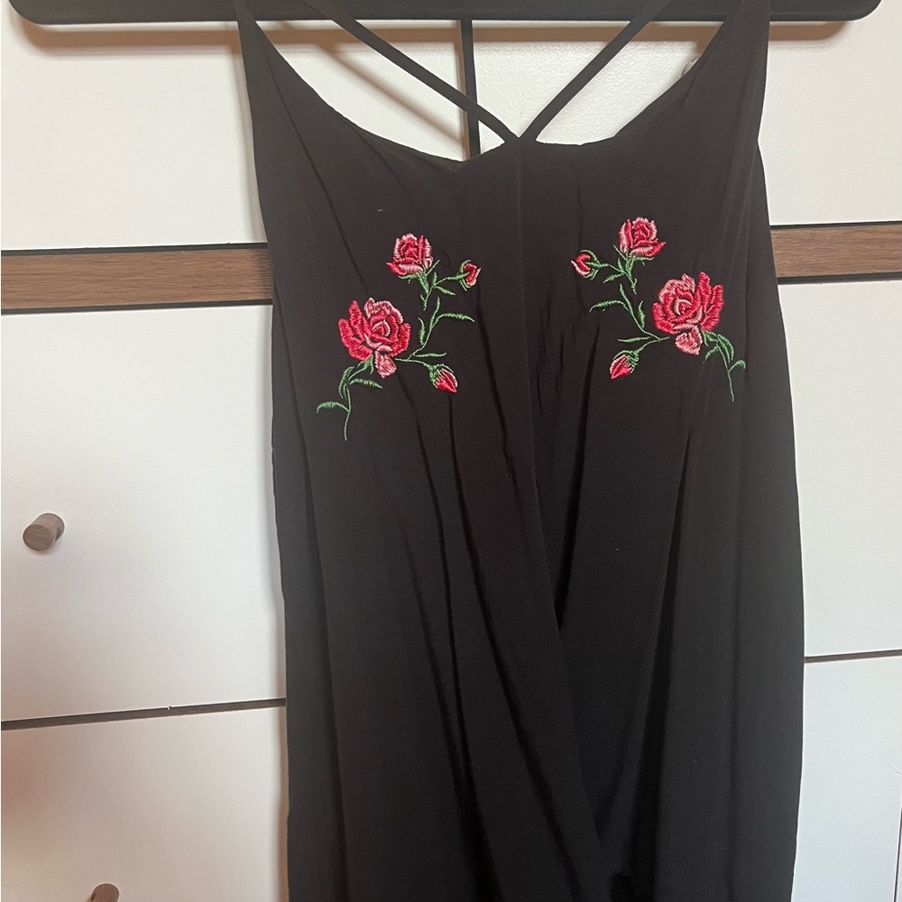 No Boundaries Black Top with Red Floral Embroidery
